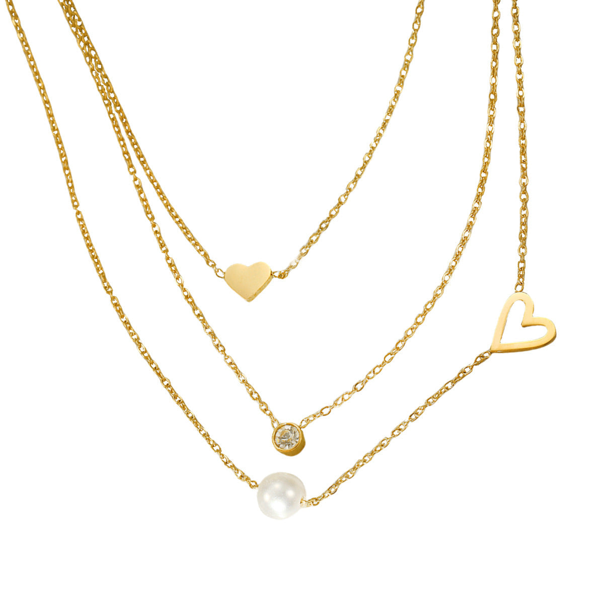 Fashionable Simple 18K Gold Stainless Steel Lovely Pearl Zircon Clavicle Three Chain Twin Necklace for Women