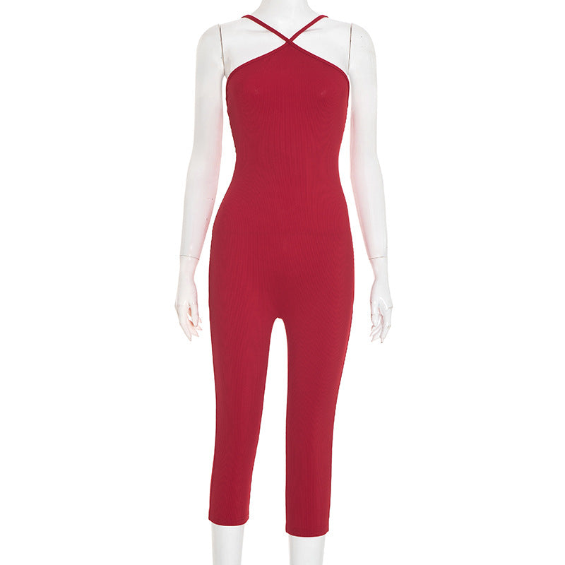 Damenbekleidung Herbst Einfarbig Lässig Schmal geschnitten Neckholder Spaghettiträger Rückenfrei Ärmelloser Jumpsuit
