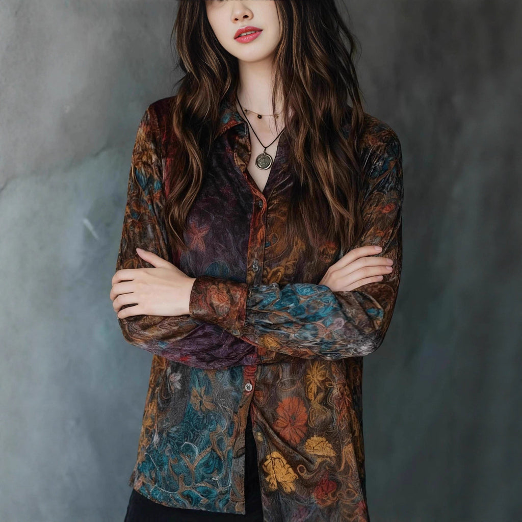 Casual Long Sleeved Button Shirt Vintage Floral Print Painted Design Shirt Women