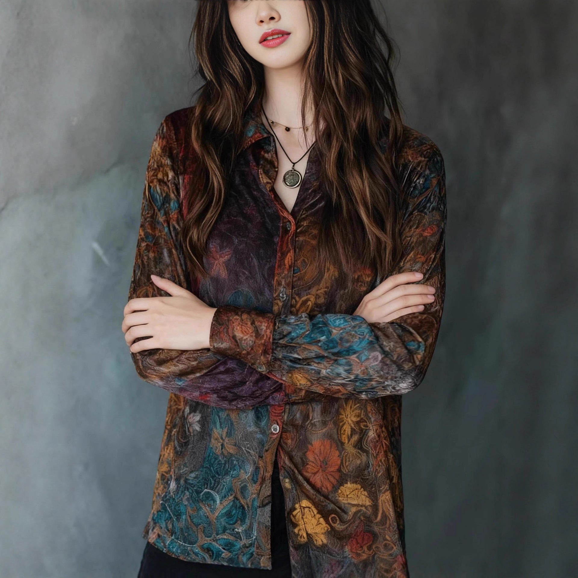Casual Long Sleeved Button Shirt Vintage Floral Print Painted Design Shirt Women