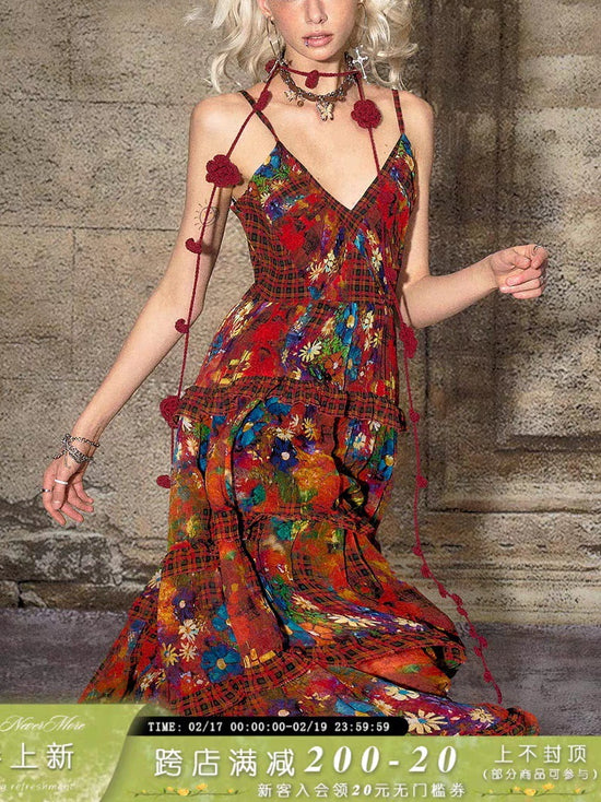 TheNeverMo Feuerwerk Brennender Frühling Französisches Retro V-Ausschnitt Träger Blumen Langes Kleid für Urlaubskleid Sommer