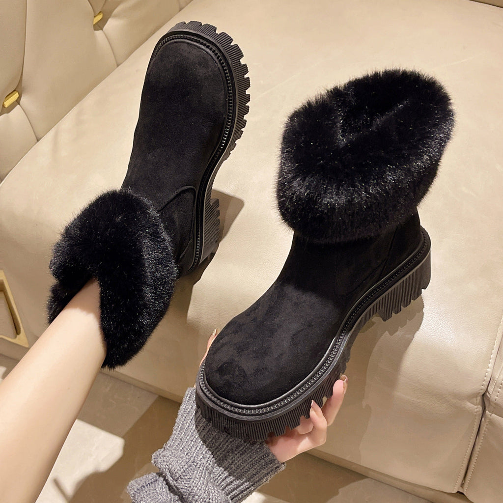 Furry Short Tube Plateau Schneestiefel Damen runde Zehenpartie seitlicher Reißverschluss Samt warme Baumwollschuhe