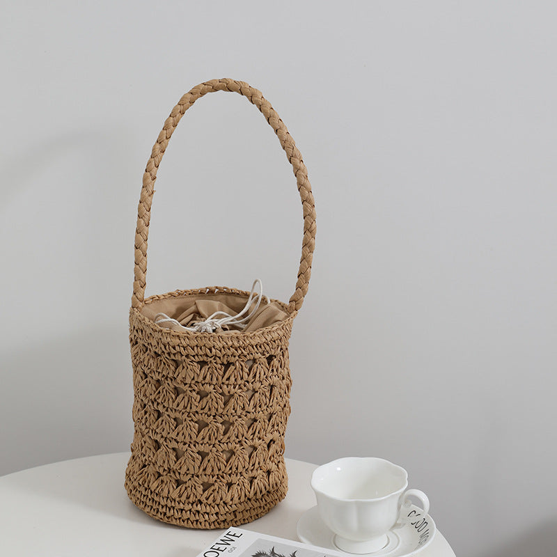 Frische Strohtasche Sommer Gewebte Tragetasche All Matching Hohl Out Cutout Eimer Rattangeflecht Tasche Damen Tasche