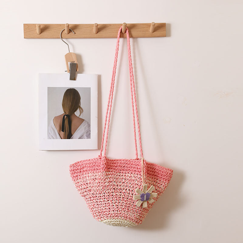 Frische Blumentasche aus Stroh Nischen-Strohtasche mit Farbverlauf Gewebte Tasche Urlaub Strandtasche Umhängetasche