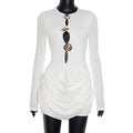 Women Autumn Winter Design Luxury Decorative Pleated Hollow Out Cutout Mini Sheath Dress