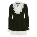 Elegant Hepburn Wind Black Velvet Dress Women Self Tie Lace Faux Two Piece Dress