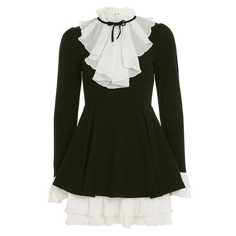 Elegant Hepburn Wind Black Velvet Dress Women Self Tie Lace Faux Two Piece Dress