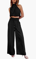 Women Casual Sleeveless Collar Two Piece Sets Wide Leg Pants Summer Cropped Top