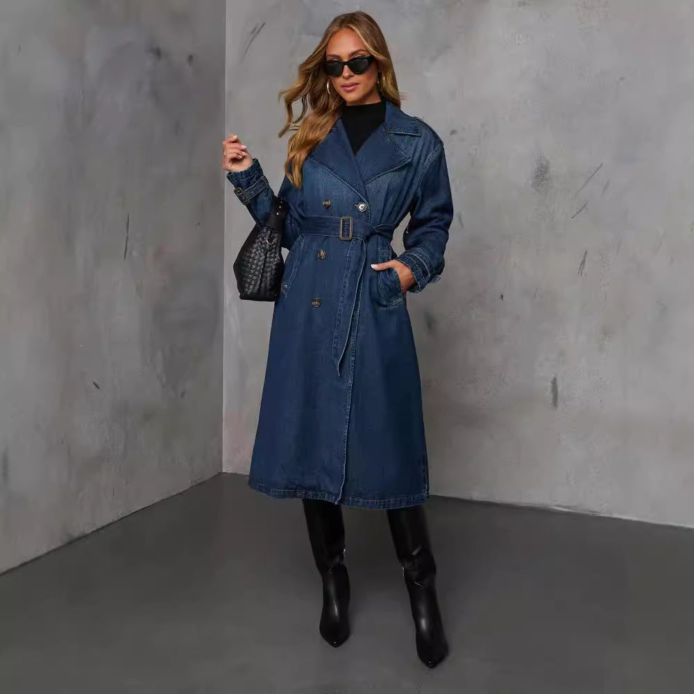 Herbst Lässiger Retro-Jeans-Damen-Trenchcoat mit Gürtel
