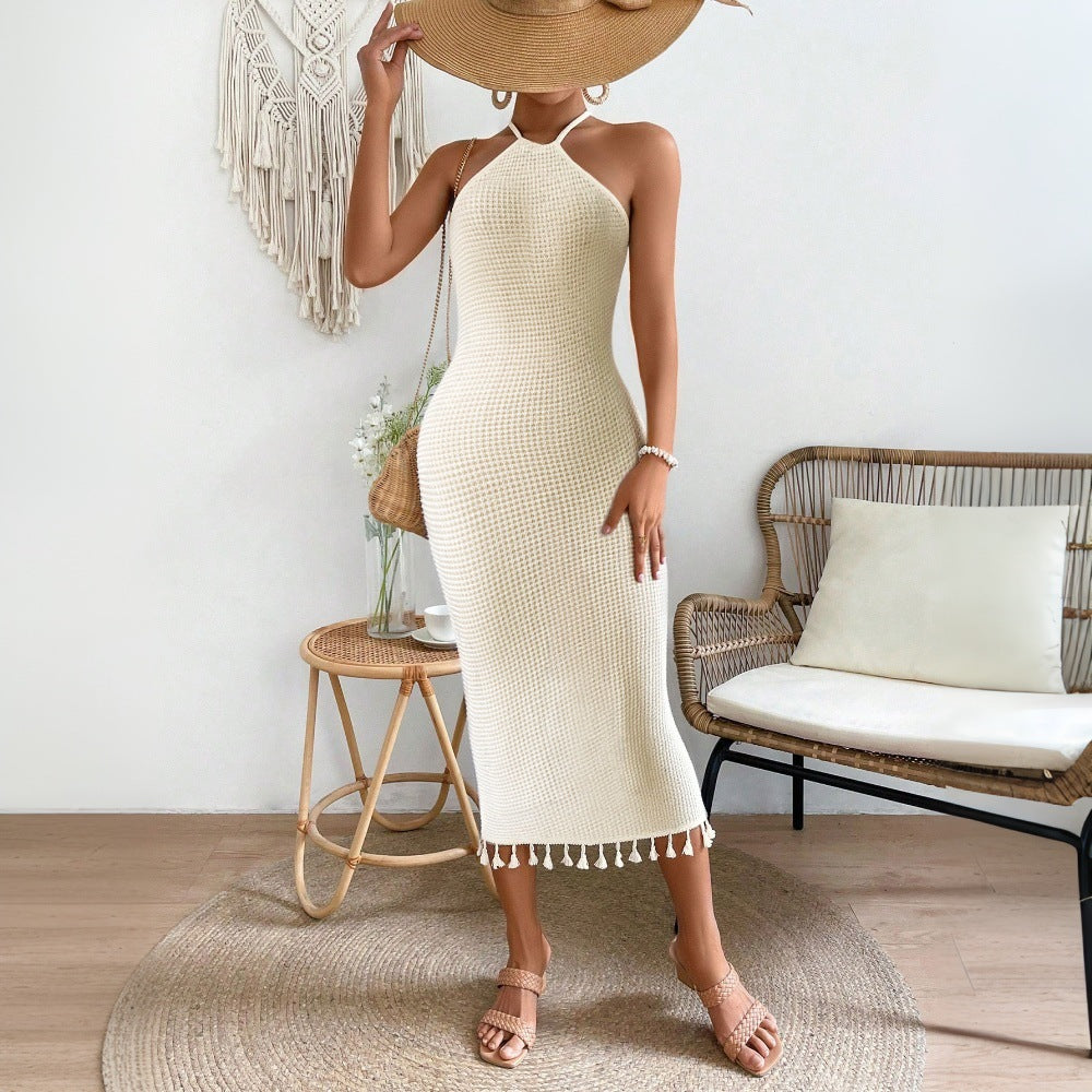 Summer Vacation Tassel Dress Halter Lace up Cami Dress Elegant Travel Knitted Midi Dress
