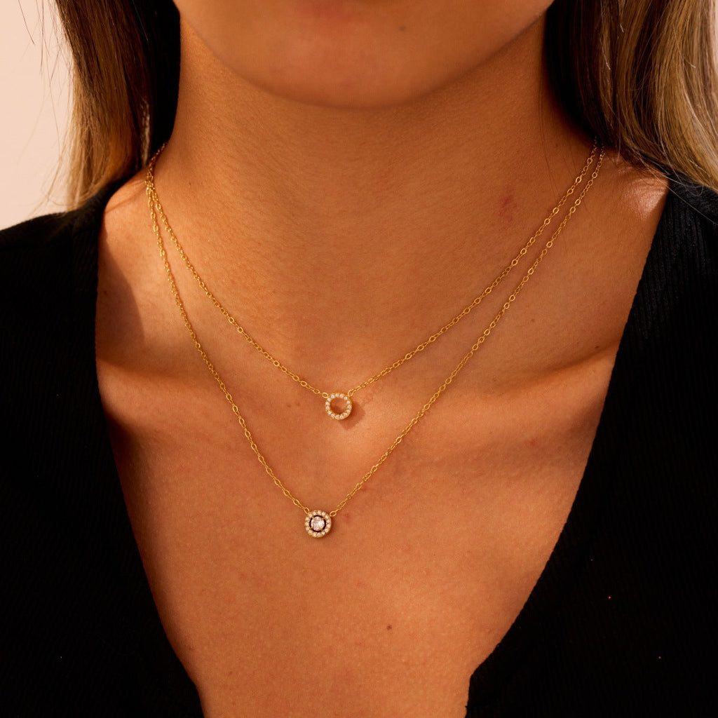 Minimal Art Double Layer Diamond Design Stainless Steel Necklace Women All Match Advanced Texture Necklace