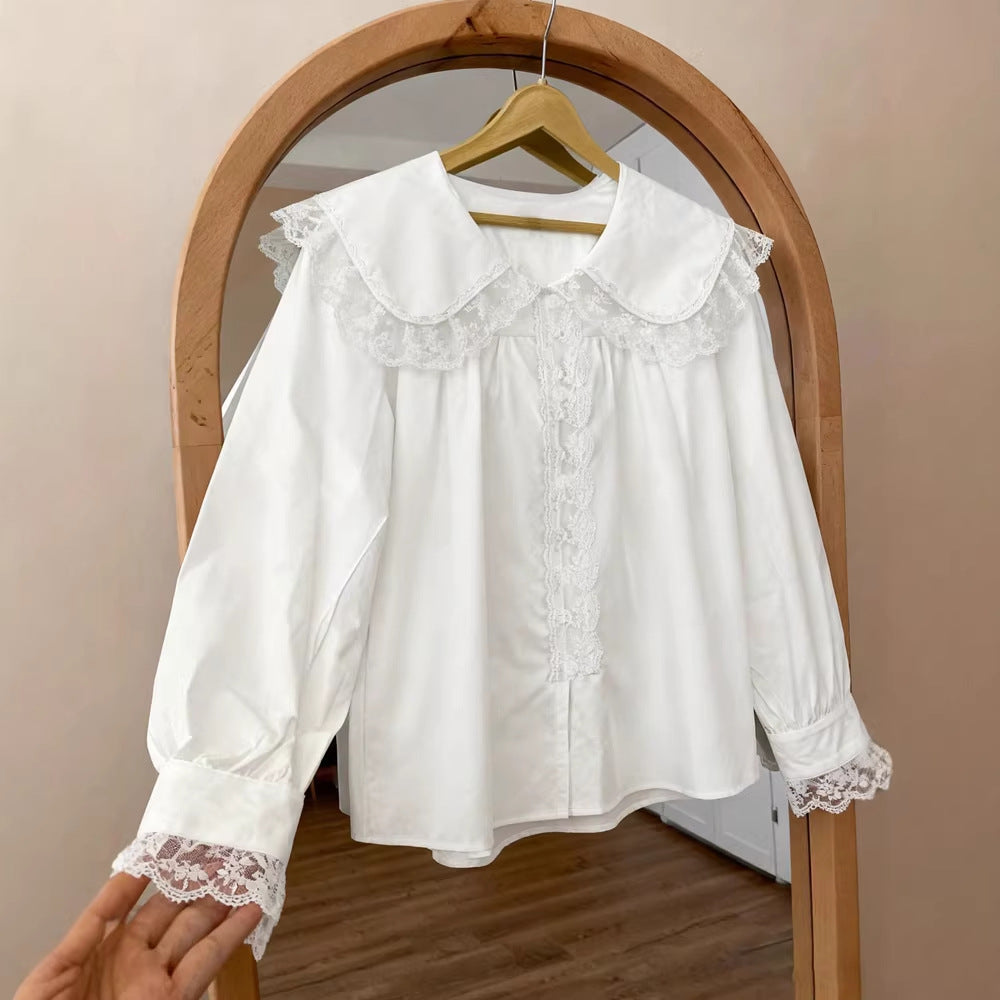 Spring Summer Women Loose Design Doll Collar Long Sleeve Shirt