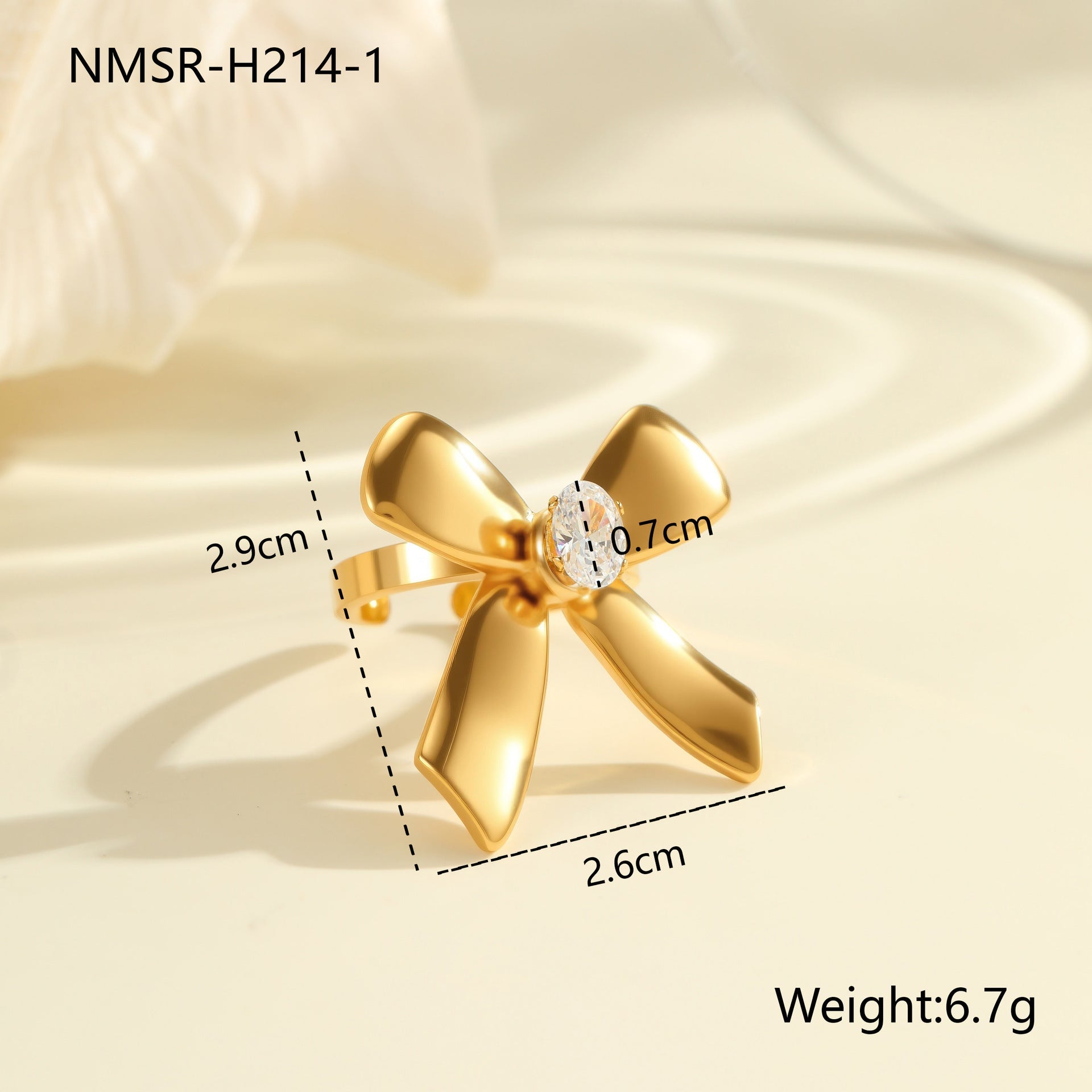 Bowknot Zircon Titanium Steel Ring 18K Gold Plating Open Ring Hand Jewelry
