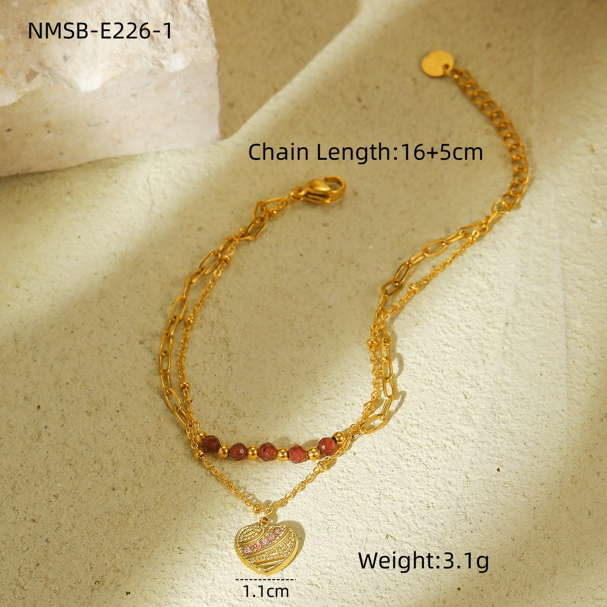 Red Natural Stone Heart Shape with Diamond Stainless Steel Bracelet Women High Grade Titanium Steel Bracelet