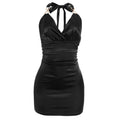 Halter V neck Lace up Wrapped Chest Nipped Waist Slim Fit Solid Color Short High Waist Sheath Dress