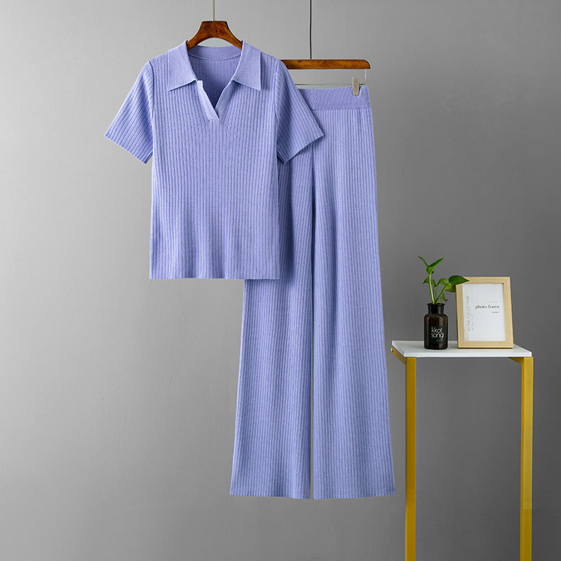 Damenbekleidung Polokragen Pullover Kurzarm-Oberteil Abnehmende Uni-Hose mit weitem Bein Strickanzug