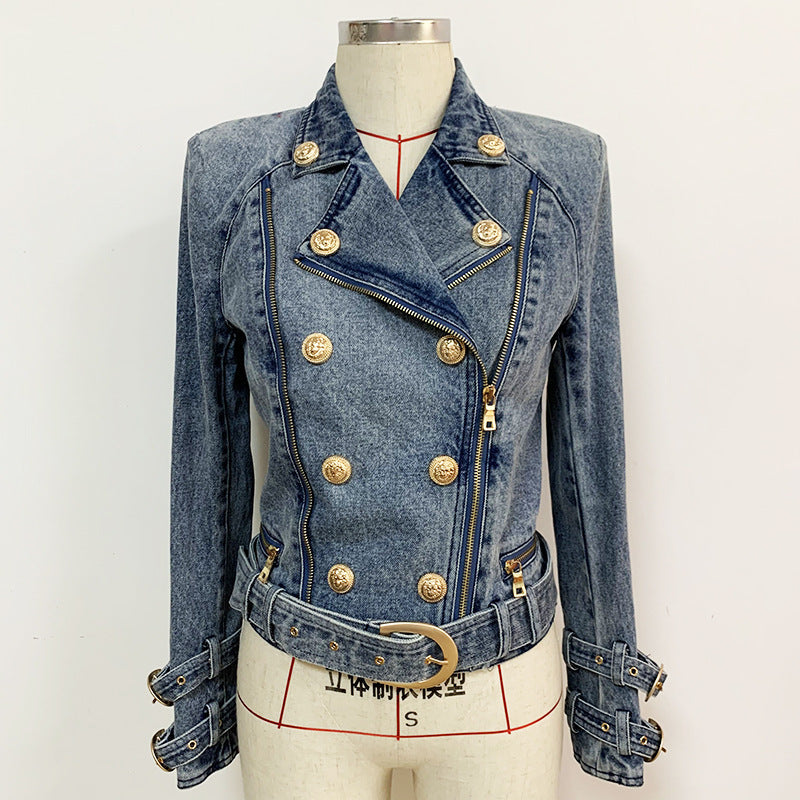 Damenmantel Löwenschnalle Schmaler Doppelreißverschluss Schräger Reißverschluss Gewaschene Jeans Motorradjacke
