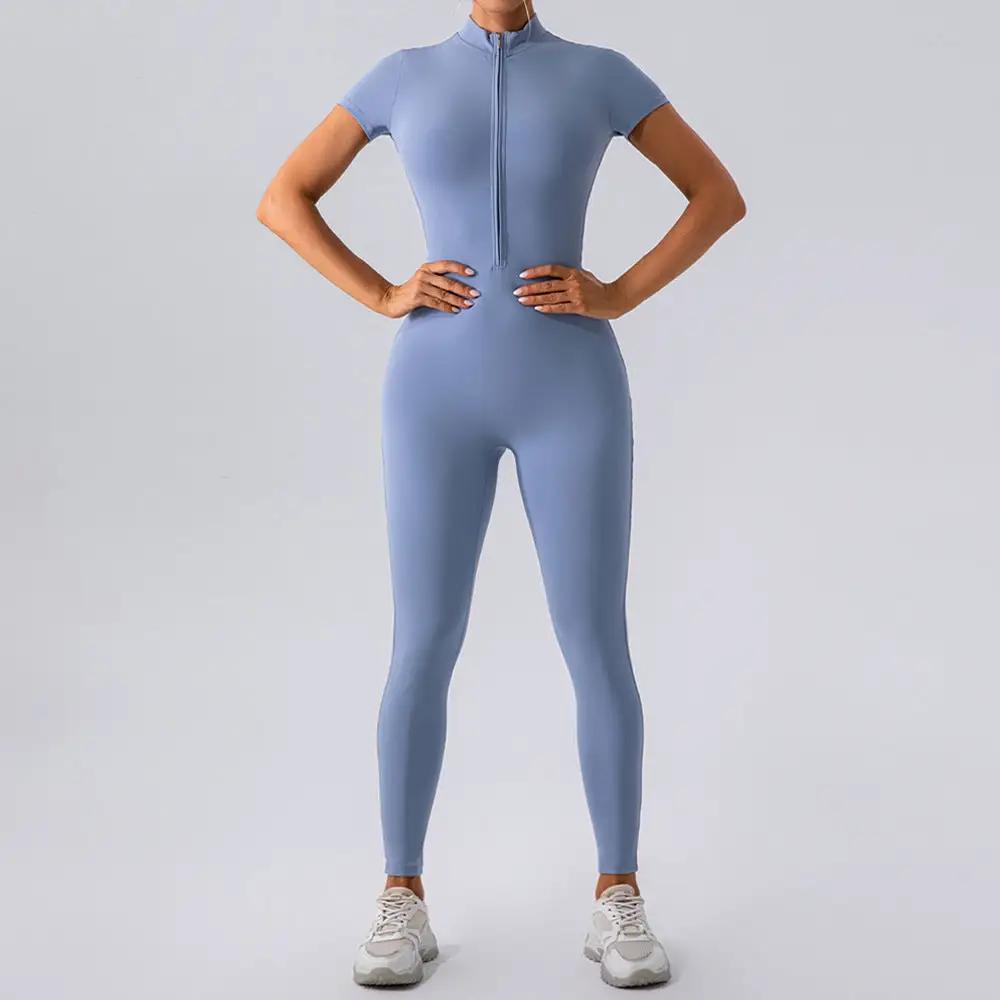 Zipper Short Sleeve Nude Feel Yoga Jumpsuit Women Outer Wear Workout Exercise Pants One Piece Tights by Wanita Store