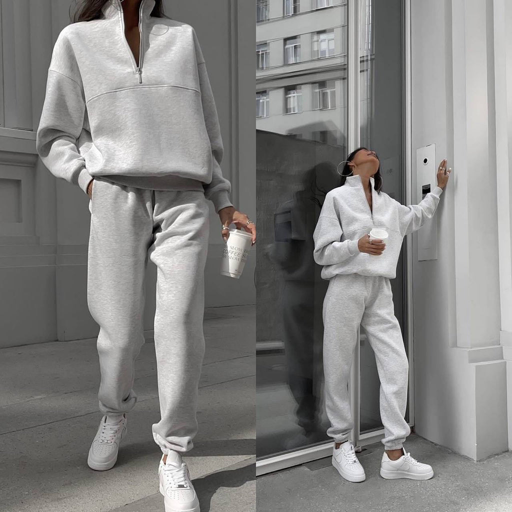 Damen Langarm Stehkragen-Pullover mit Reißverschluss, zweiteiliges Set, Herbst und Winter, bequem, locker, sportlich, lässig