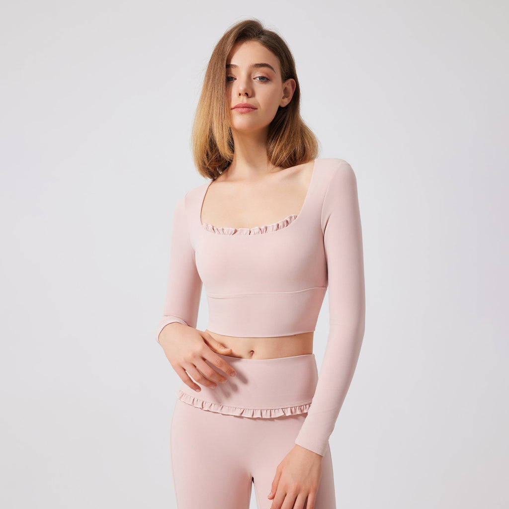 Herbst Winter Nude Feel Spitze Yoga Kleidung Langarm Semi Fixed Cup Laufen Schlank Sport BH Atmungsaktive Workout Kleidung Top
