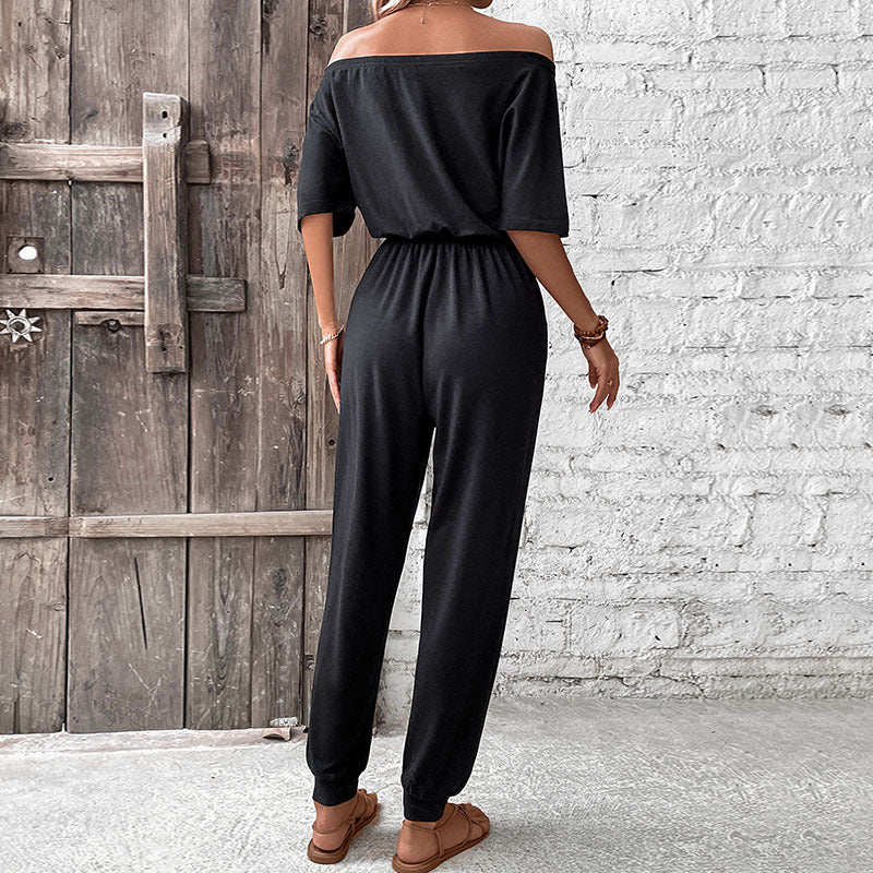 Damen Freizeit Jumpsuit schulterfrei einfarbig Einteiler Hose