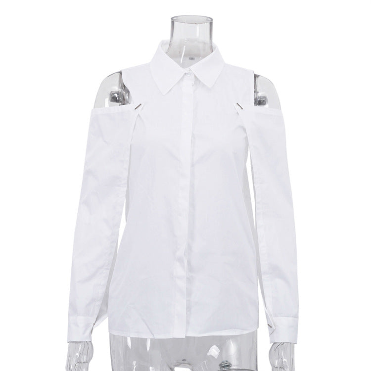 Women Clothing Design Detachable Long Sleeve White Blouse Spring Autumn Cotton Collared off Shoulder Shirt