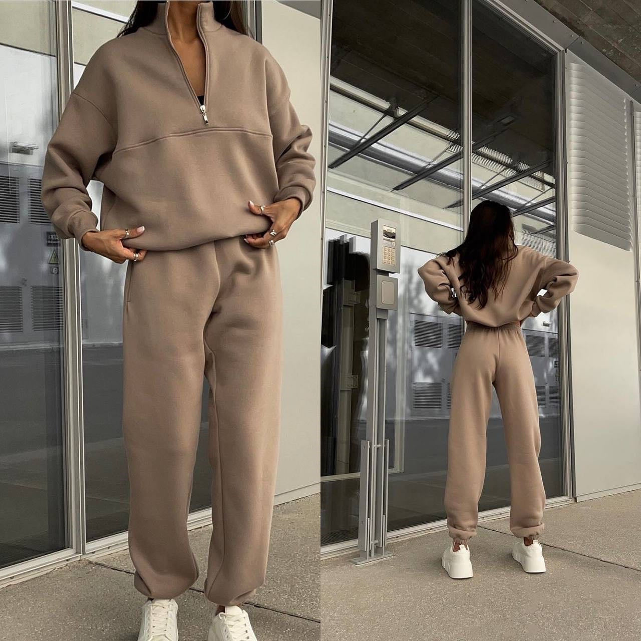Damen Langarm Stehkragen-Pullover mit Reißverschluss, zweiteiliges Set, Herbst und Winter, bequem, locker, sportlich, lässig