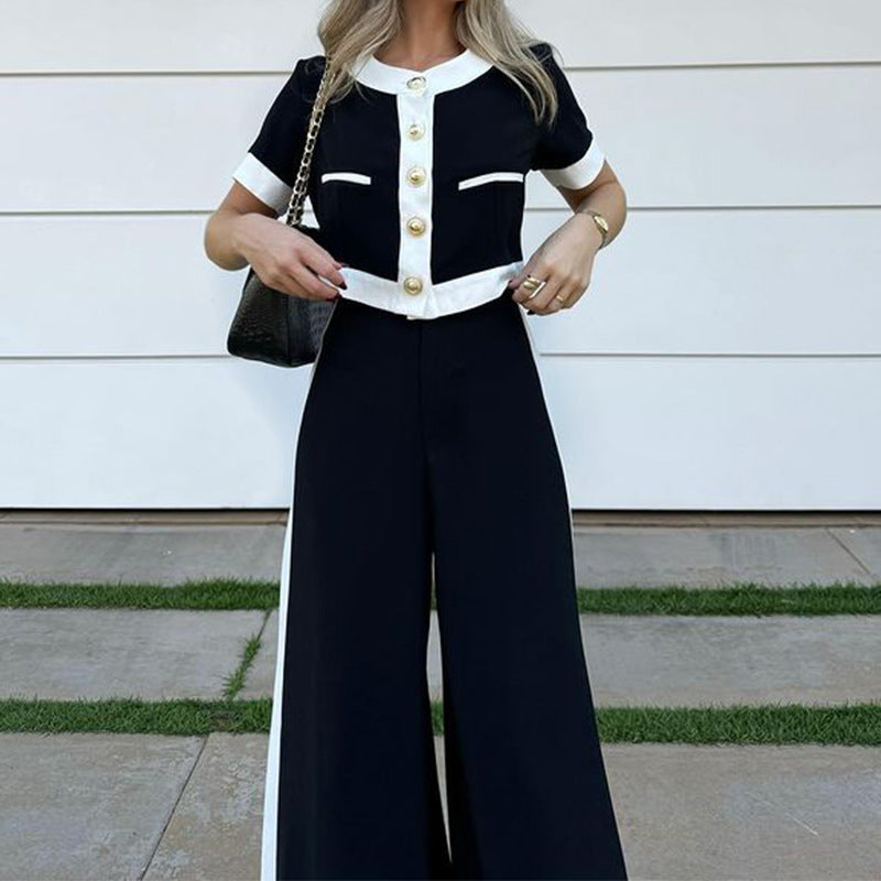 Damen Herbst Winter Büro T-Shirt Kurze Oberteil Gerade Hose Anzug Zweiteiler Set