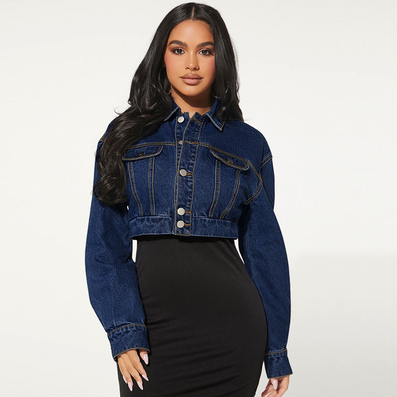 Damenbekleidung Jeans Elastisch Knopf Cardigan Langarm Kurze Jeansjacke Outlet