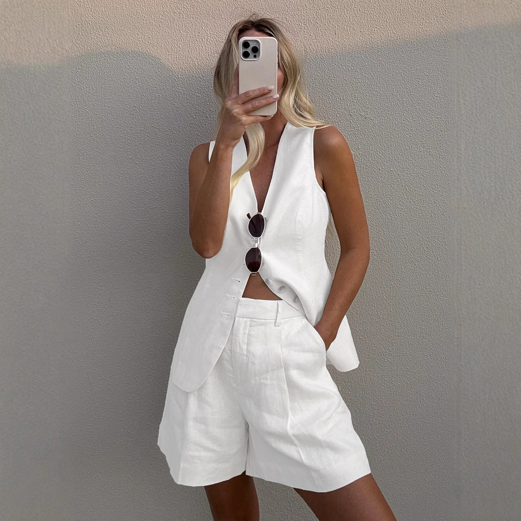 Baumwoll-Leinen-Westen-Shorts-Set Sommer Office-Westen-Shorts-Set Freizeit Damen