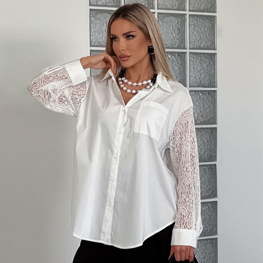 Spring Lace Stitching Hollow Out Cutout Backless Design Long Sleeve Collared Office Shirt for Women