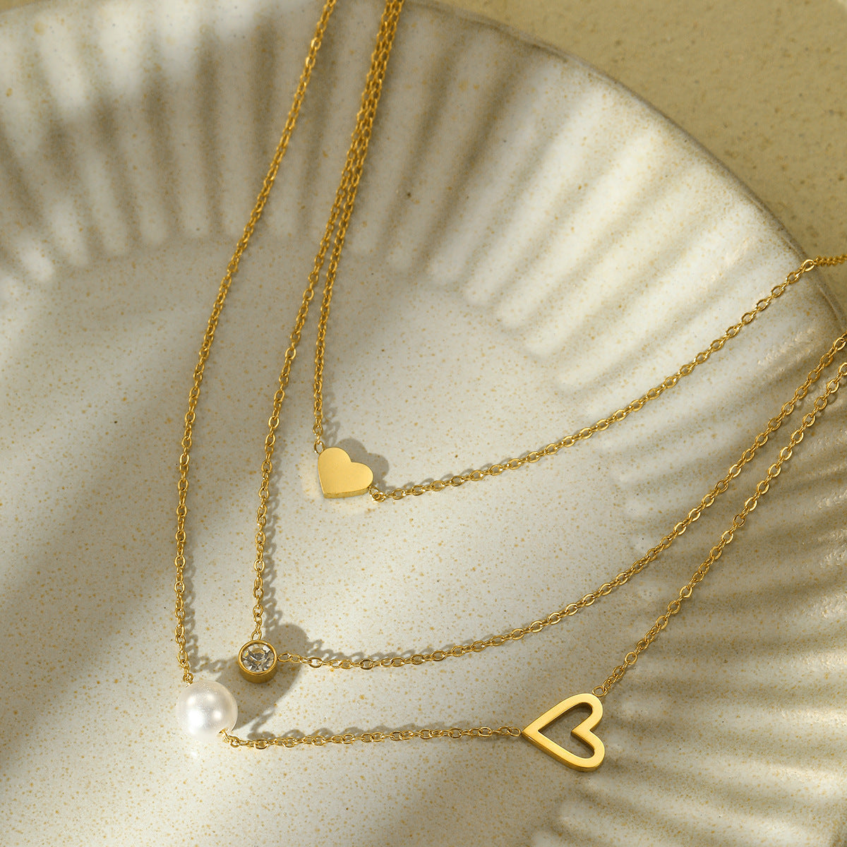 Fashionable Simple 18K Gold Stainless Steel Lovely Pearl Zircon Clavicle Three Chain Twin Necklace for Women