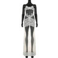 Sommer Damen Mesh Spitze Spaghetti-Träger Kleid Durchsichtig Sexy Nachthemd Urlaub Maxikleid