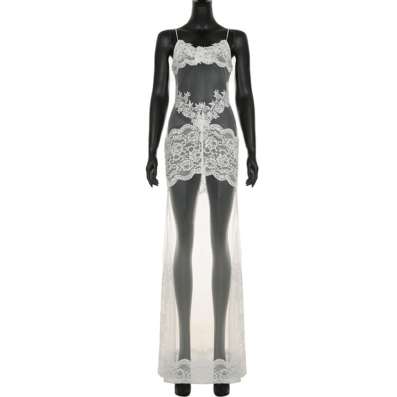 Sommer Damen Mesh Spitze Spaghetti-Träger Kleid Durchsichtig Sexy Nachthemd Urlaub Maxikleid