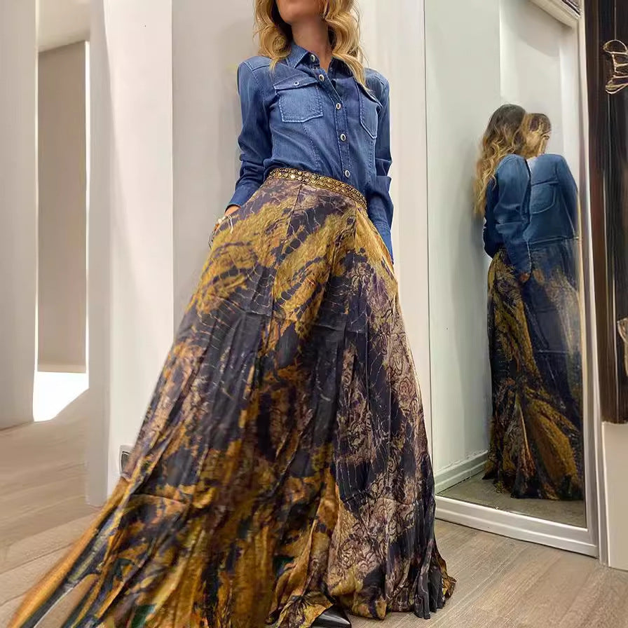 Damen Retro Maxirock mit Print und Gummibund für den Herbst