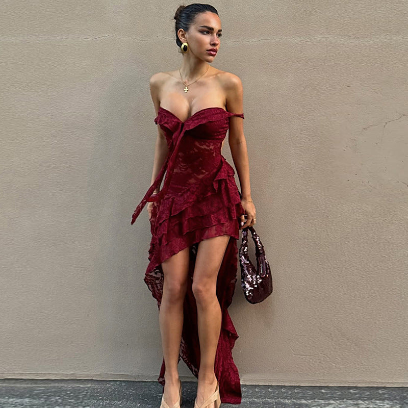 Damen Kleidung Sommer Spitze Sexy Schmal Geschnitten Gebunden Ausgehöhlt Ausgeschnitten Durchsichtig Unregelmäßig Asymmetrisch Bandeau-Kleid