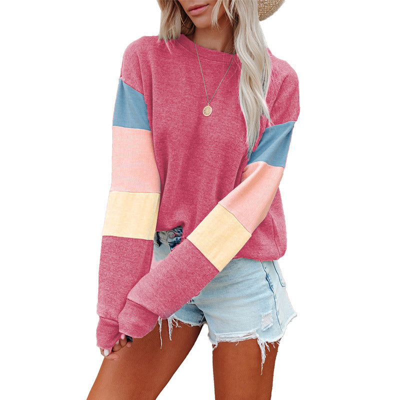 Pullover Sweatshirt Damen Frühling Herbst Rundhals Langarm Kontrastfarbe Langarm T-Shirt Damen