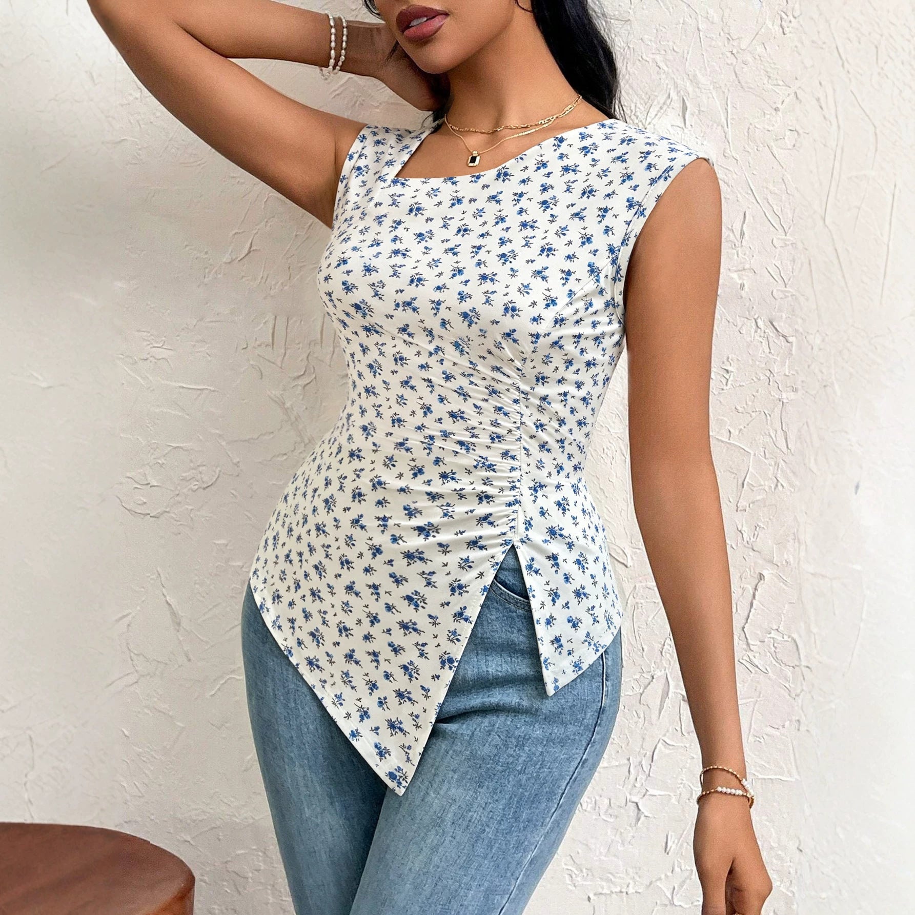 French Floral Sleeveless Vest Women Asymmetric Oblique Square Neck Cinched Side Slit Slim Fit Slimming Top