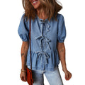 Summer Solid Color Denim Shirt Women Casual All Matching Pullover round Neck Puff Sleeve Top Women