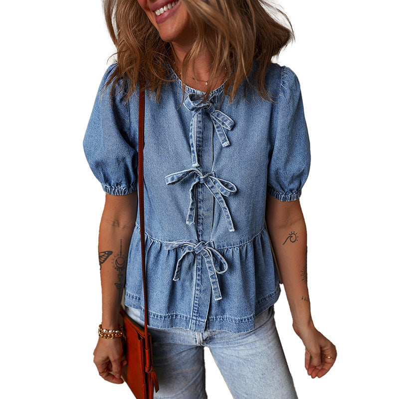 Summer Solid Color Denim Shirt Women Casual All Matching Pullover round Neck Puff Sleeve Top Women