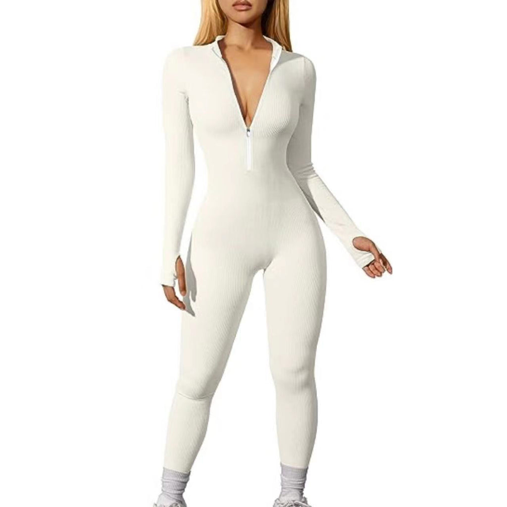 Damen Sport Jumpsuit Training Gerippt Langarm Reißverschluss Casual Jumpsuit Hose Eng