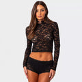 Private Kleidung Sexy Spitze Kurzes Top Sexy Schmal Eng Anliegendes Langarm T-Shirt Damen Sommer