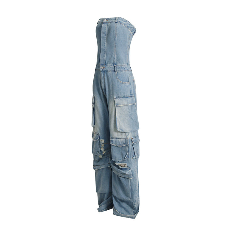 Sommer Multi-Taschen Zerrissen Taille Schlankmachend Sexy Bandeau-Top Overall Aus Jeans Für Damen