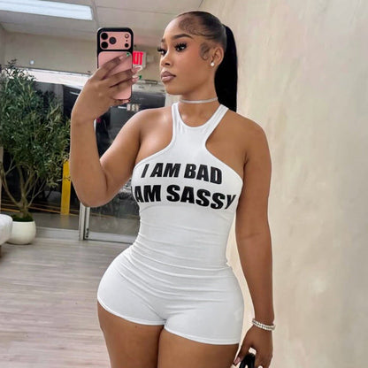 Women Clothing Autumn Sexy Letter Graphic Screen Printed Sleeveless Vest Slim Fit Short Romper