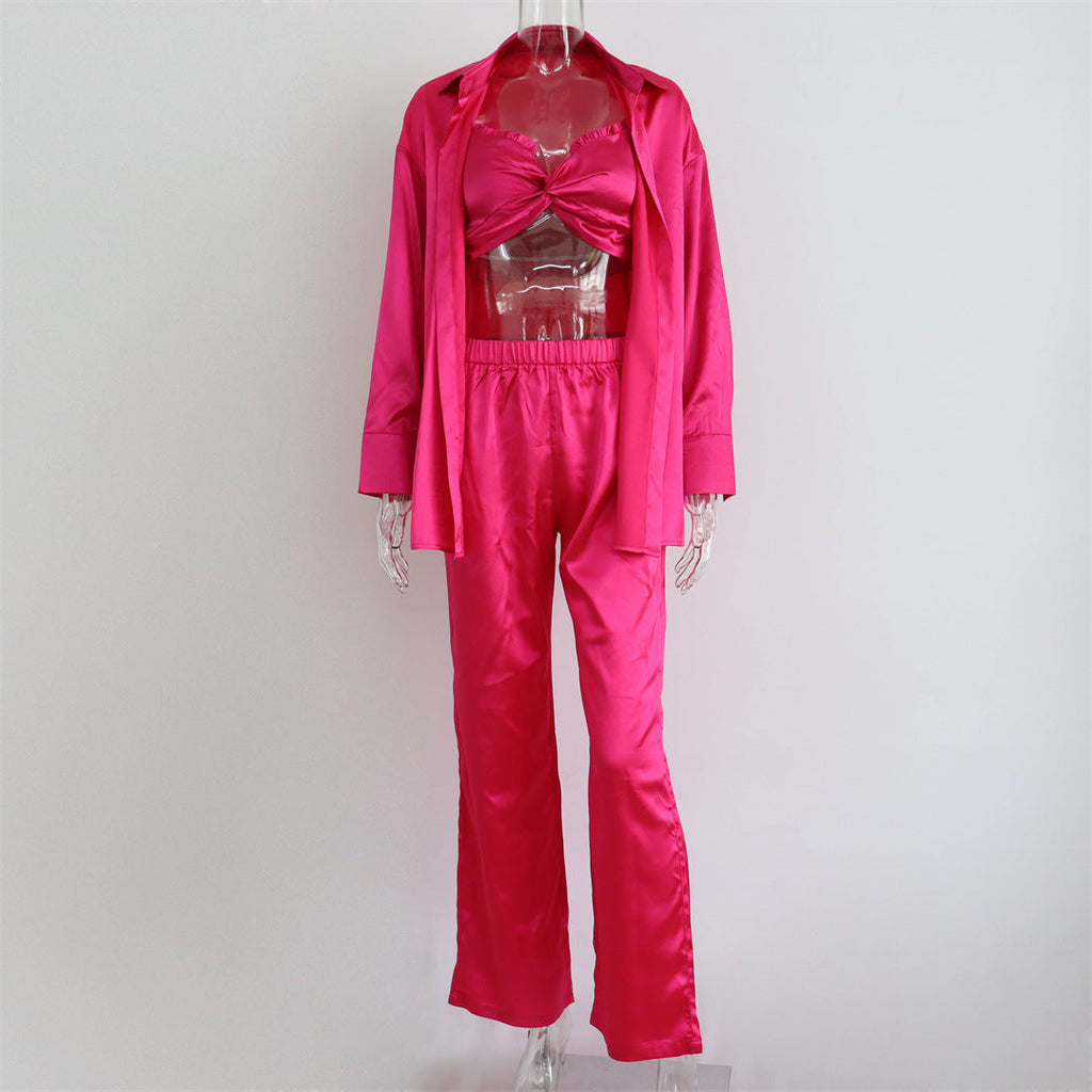 Frühling Herbst Freizeit Satin Dreiteiliges Set Damen Kleidung Satin Wickel-Brust Weste Hemd Freizeit-Hosen Set