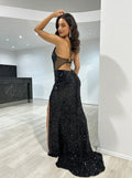 Pailletten Schlitz Sexy Trägerkleid Taillenbetontes Cocktailkleid Slim Fit Maxikleid