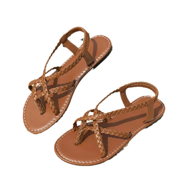 Foreign Trade Flats Sandals for Women 2024 Summer New Pure Color Braided Elastic Band Thong Women&