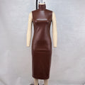 Women Clothing Turtleneck Faux Leather Sleeveless Waist Sheath Split Dress Women Dress