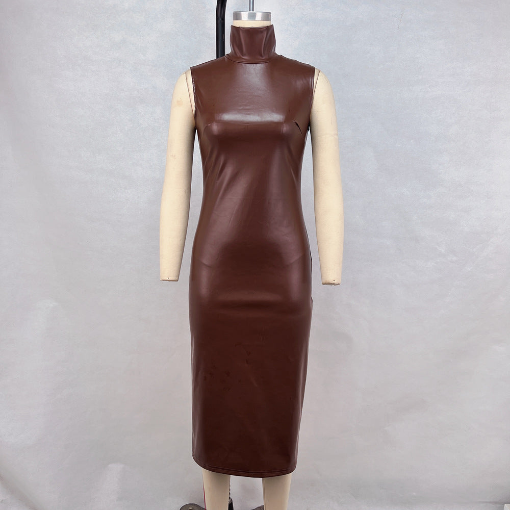 Women Clothing Turtleneck Faux Leather Sleeveless Waist Sheath Split Dress Women Dress