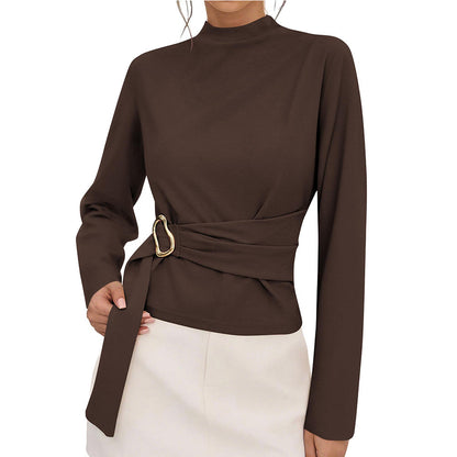 Women Office Solid Color Long Sleeve Belt Buckle Decorative Top